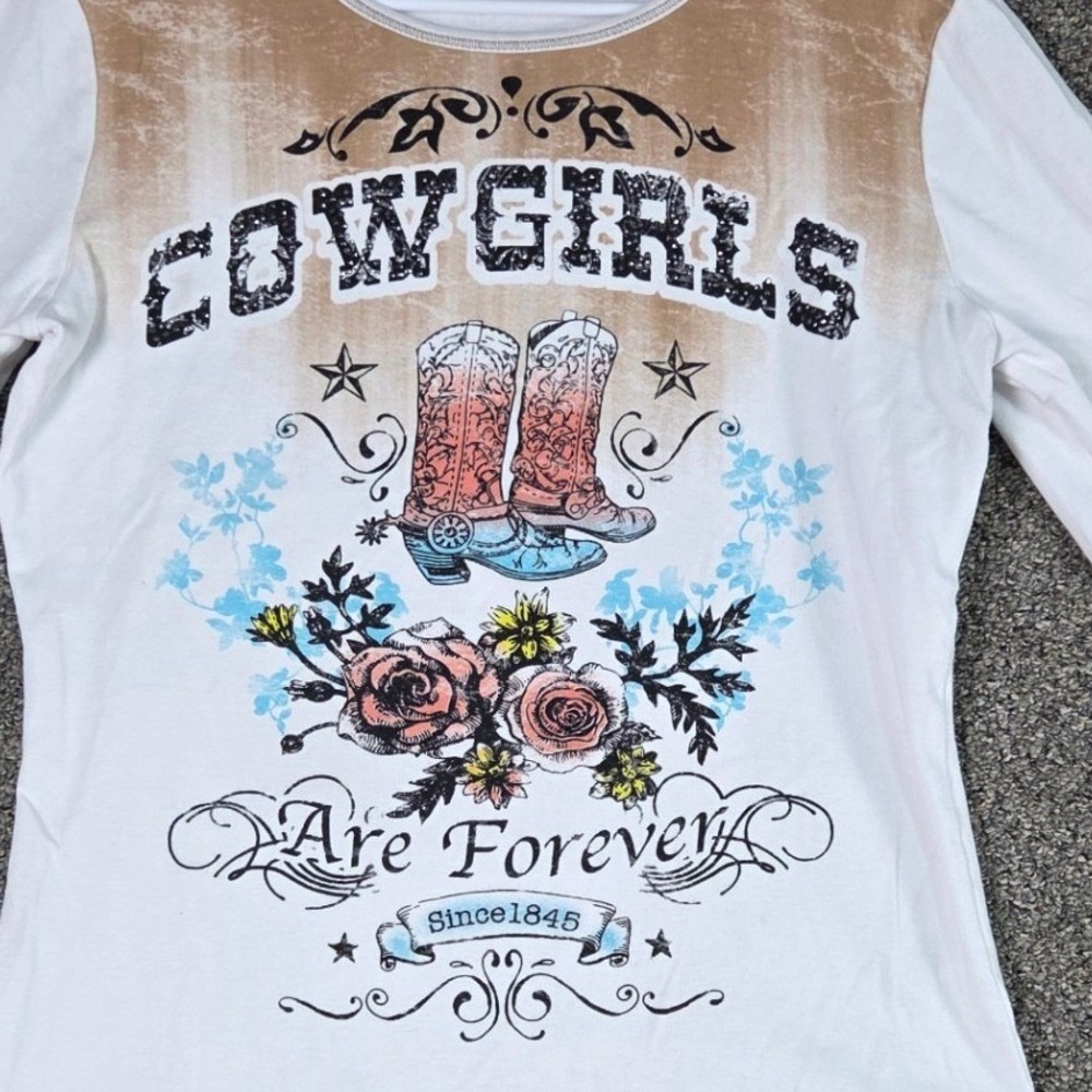 Blue Canyon Graphic Tee Women Large White Cowgirls Are Forever Western Boots Top